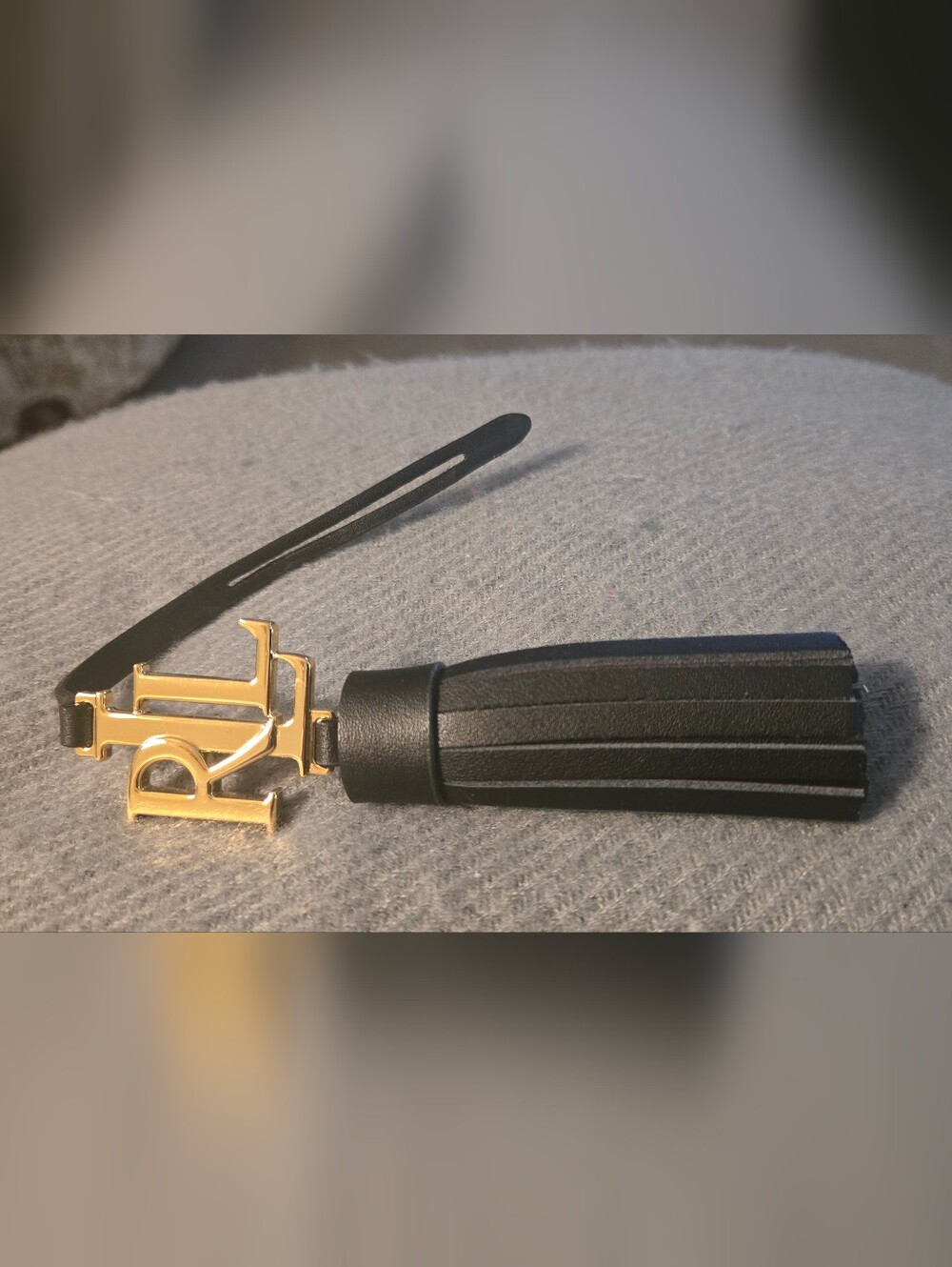 New Ralph Lauren RL Black Leather Tassel Keychain with Gold Monogram Accent